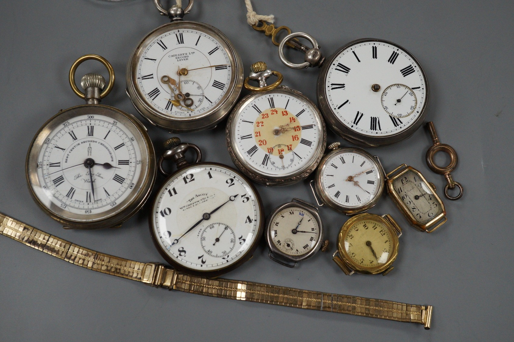 Two silver open faced pocket watches including Catesbys Ltd Record Lever, a German 800 pocket watch, two other base metal pocket watches, four assorted wrist watches and a gilt metal watch bracelet.